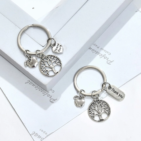 Porte-clés Arbre de Vie Pomme Avec Charme Thank You Argent Alliage de Zinc Cadeau Fête des Enseignants Appréciation