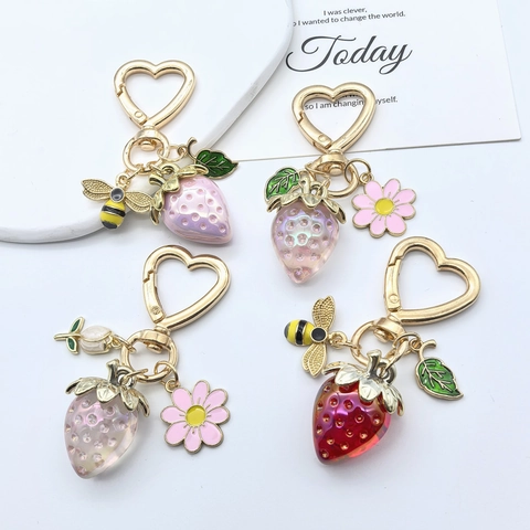 Porte-clés Fraise Abeille Marguerite Pour Femmes Filles Anneau Cœur Doré Pendentif Fruit Résine Accessoires De Sac Cadeau