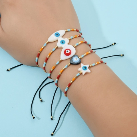 Handmade Bohemian Miyuki Seed Bead Bracelet With Shell Evil Eye Hamsa Hand Cross Charm Adjustable Cord Bracelet For Women Men