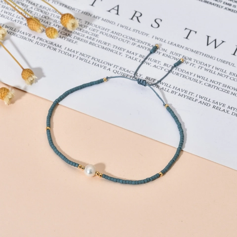 Pulsera de Cuentas de Vidrio Hecha a Mano Con Perla Artificial Central Bohemio Pulsera de Cuentas de Semilla de Cuerda Ajustable Joyería Mujer