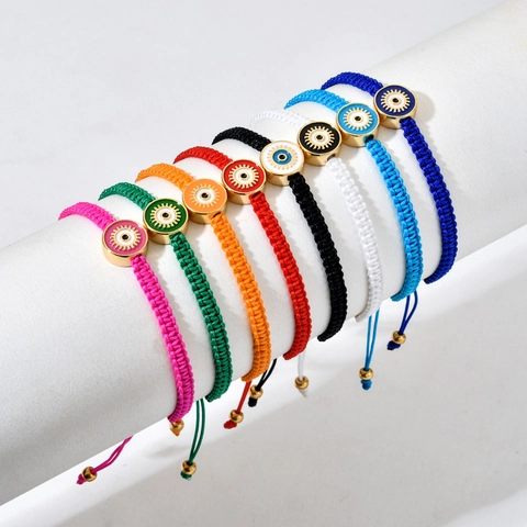 Bracelet Bohémien en Corde Tressée Mauvais Œil pour Femme Ajustable Amulette de Chance Rond Émail Alliage Tissé à la Main Bijou
