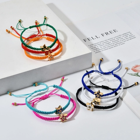 Bohemian Evil Eye Star Charm Braided Bracelet For Women Adjustable Hand Woven Colorful Enamel Alloy Star Wristband Jewelry Gift