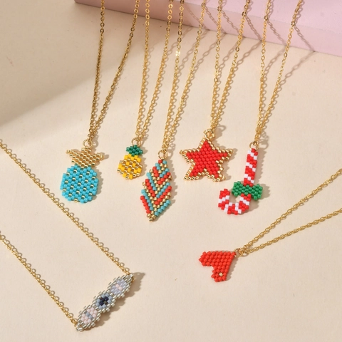Boho Handgefertigte Bunte Perlen Anhänger Halskette Für Damen Vergoldete Kupferkette Herz Ananas Stern Weihnachten Zuckerstange Schmuck