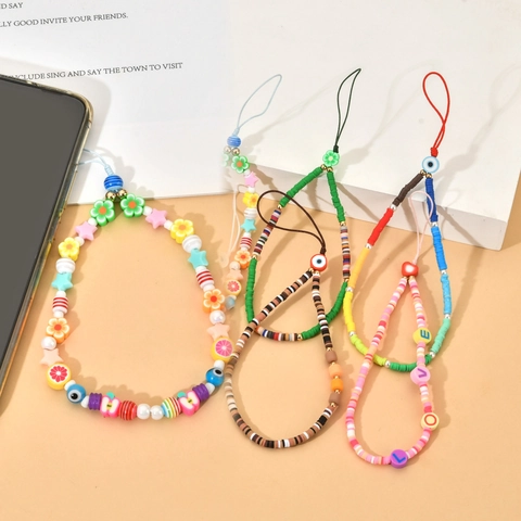 Y2K Colorful Polymer Clay Bead Phone Lanyard Handmade Rainbow Letters LOVE HAPPY Evil Eye Anti-lost Phone Chain For Women