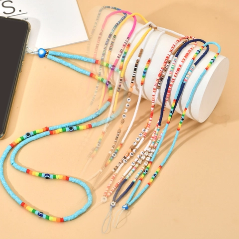 Y2K Colorful Polymer Clay Bead Phone Lanyard Handmade Rainbow Letters LOVE HAPPY Evil Eye Anti-lost Phone Chain For Women