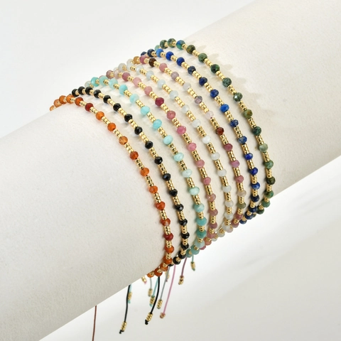 Handmade Faceted Natural Stone Bead Necklace Bracelet Minimalist French Miyuki Glass Seed Beads Gold Plated Spacers Jewelry