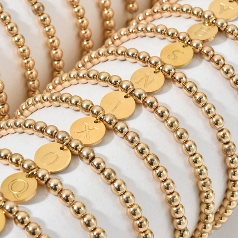 Minimalistische Vergulde Roestvrijstalen Kralenarmband Voor Dames Dubbelzijdige Initiaal Letter Hanger Handgemaakte Sieraden