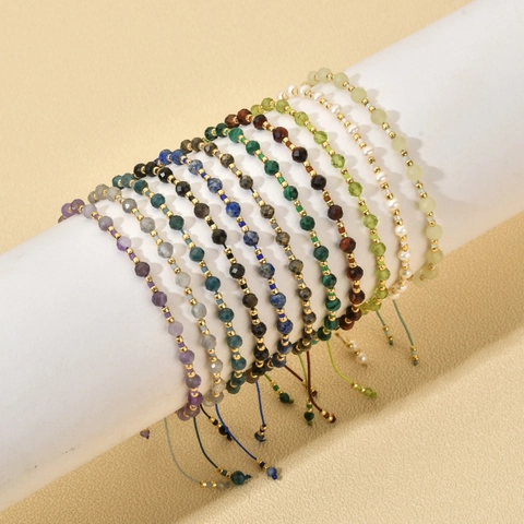 Bohemian Natural Crystal Faceted Beaded Bracelet For Women Handmade Adjustable Wax Rope Woven Pull Jewelry Hand Bracelet Gift