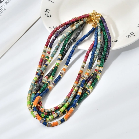 French Retro Natural Stone Heishi Bead Necklace For Women Ethnic Style Gold Plated Spacer Beaded Choker Adjustable Chain Bohemian Jewelry