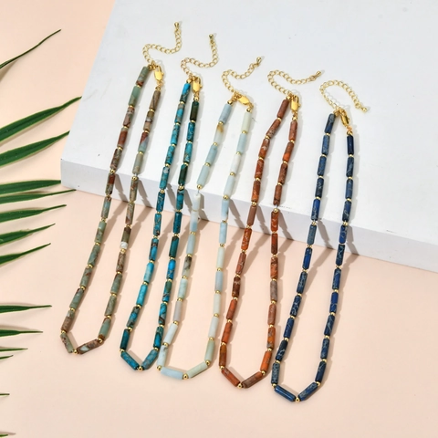 French Retro Natural Stone Beaded Necklace For Women Cylindrical Stone Bamboo Chain Alloy Gold Spacers Adjustable Jewelry
