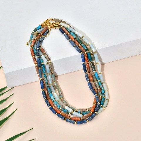 French Retro Natural Stone Beaded Necklace For Women Cylindrical Stone Bamboo Chain Alloy Gold Spacers Adjustable Jewelry