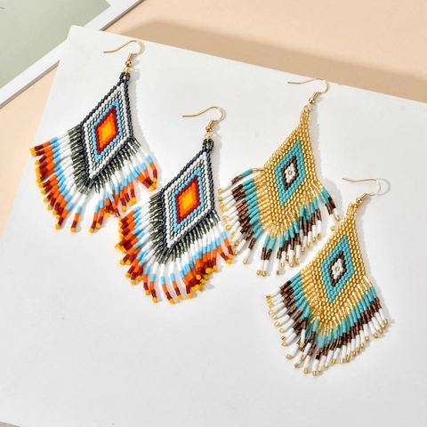Böhmische Ethnische Handgefertigte Samenperlen Quasten Ohrringe Für Damen Geometrische Rautenform Ohrhänger Vintage Mode Schmuck Geschenk