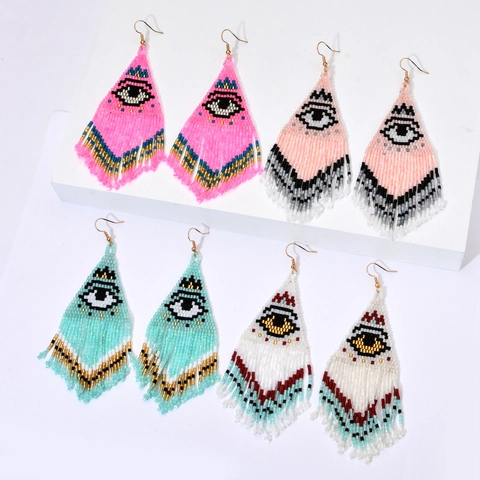 Handgemaakte Boheemse Miyuki Glasperlen Boze Oog Kwastje Oorbellen Voor Dames Vintage Etnisch Geweven Franje Drop Oorbellen Sieraden