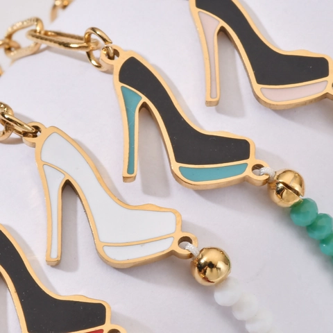 Stainless Steel Asymmetrical Bracelet For Women Gold Paperclip Chain Colored Beads High Heel Shoe Charm Enamel Fashion Jewelry