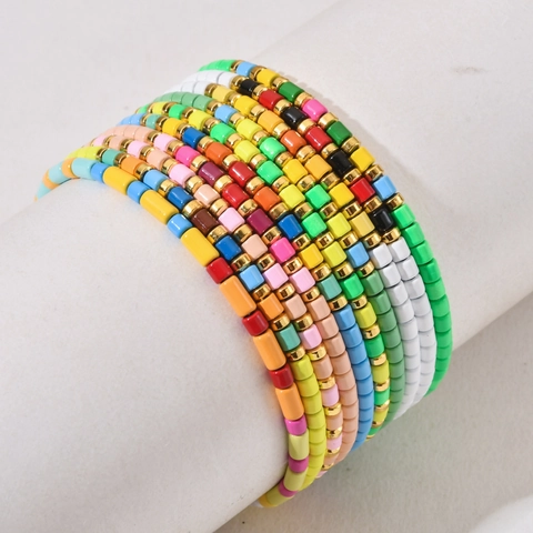 Bohemian Colorful Beaded Alloy Bracelet For Women Rainbow Elastic Strand Bead Hand Jewelry For Summer Vacation Party