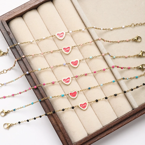 Pulsera Con Colgante De Corazón De Acero Inoxidable Para Mujer Chapado En Oro Esmalte Letras De Amor Cuentas De Colores