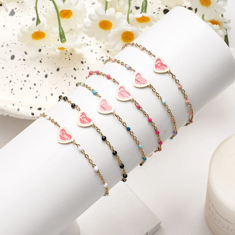 Pulsera Con Colgante De Corazón De Acero Inoxidable Para Mujer Chapado En Oro Esmalte Letras De Amor Cuentas De Colores