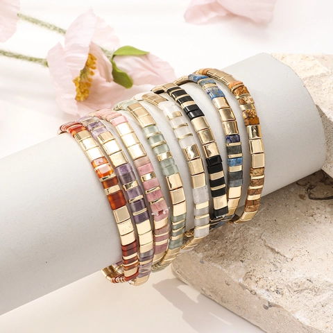 Vintage Ethnic Style Tila Bead Bracelet Glass Tile Bead Elastic Stackable Bracelet For Men Women Bohemian Handmade Jewelry Gift