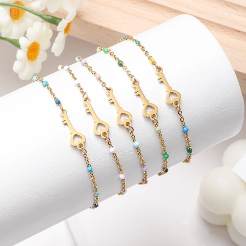 Edelstahl Herz Schlüssel Anhänger Armband Für Damen Vergoldet Bunte Emaille Perlen Verstellbare Gliederkette Mode Schmuck Geschenk
