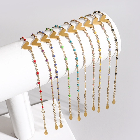 Women Stainless Steel Heart Pendant Bracelet With Colorful Beads Drip Oil Adjustable Fine Chain Fashion Jewelry Gift