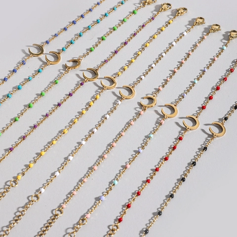 Stainless Steel Dainty Moon Pendant Bracelet With Colorful Enamel Beads Minimalist Adjustable Link Chain For Women Fashion Jewelry