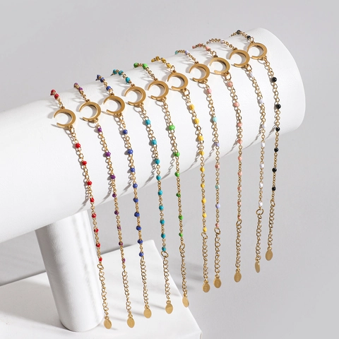 Stainless Steel Dainty Moon Pendant Bracelet With Colorful Enamel Beads Minimalist Adjustable Link Chain For Women Fashion Jewelry