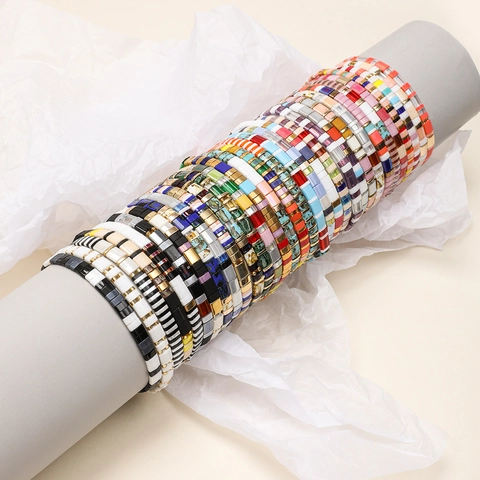 Bohemian Vintage Enamel Tila Beads Elastic Bracelet For Women Multicolored Geometric Tile Bead Stretch Bangle Handmade Jewelry Gift