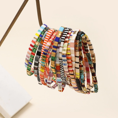 Bohemian Vintage Enamel Tila Beads Elastic Bracelet For Women Multicolored Geometric Tile Bead Stretch Bangle Handmade Jewelry Gift