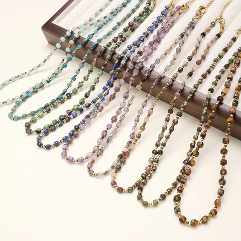 French Retro Minimalist Natural Stone Beaded Necklace For Women Bohemian Square Faceted Gemstone Clavicle Chain Jewelry