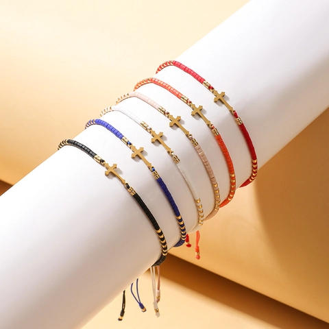 Handgemaakte Boheemse Armband Met Gekleurde Glasperlen Gouden Kruis Hanger Verstelbaar Touw Emaille Sieraden Voor Vrouwen Reizen Dagelijks Cadeau