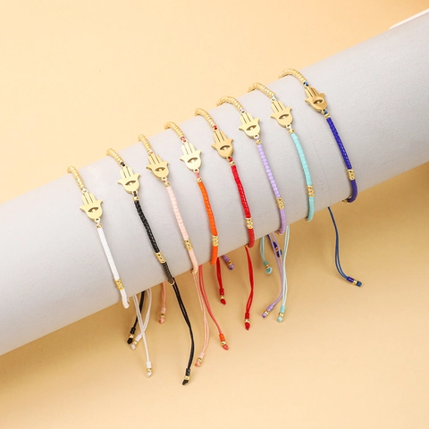 Bohemian Handmade Seed Bead Hamsa Hand Bracelet For Women Gold Plated Stainless Steel Evil Eye Adjustable Ethnic Jewelry Gift