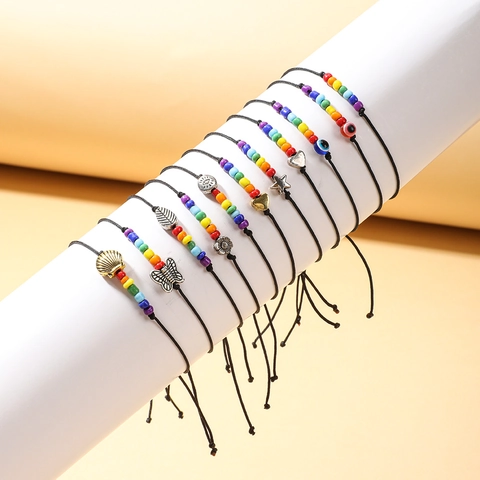 Boheems Gevlochten Armband Legering Vlinder Boze Oog Schelp Hanger Regenboogkralen Verstelbaar Handgemaakt Vrouwen Sieraden