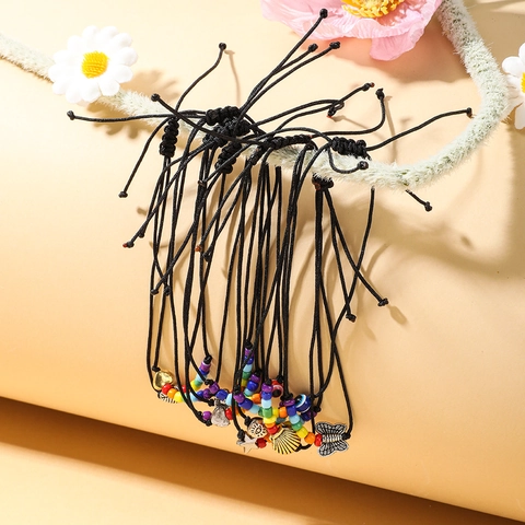 Boheems Gevlochten Armband Legering Vlinder Boze Oog Schelp Hanger Regenboogkralen Verstelbaar Handgemaakt Vrouwen Sieraden