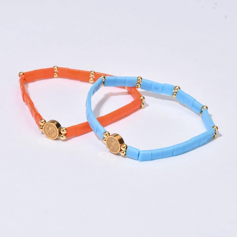 Bohemian Retro Tila Bead Stainless Steel San Benito Medal Elastic Bracelet For Women Ethnic Style Enamel Beaded Jewelry