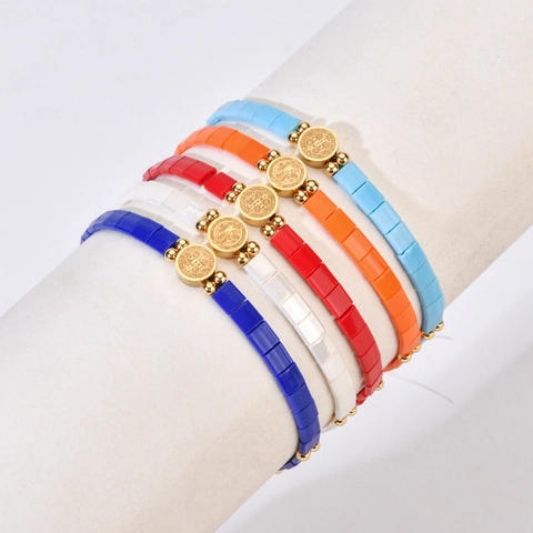 Bohemian Retro Tila Bead Stainless Steel San Benito Medal Elastic Bracelet For Women Ethnic Style Enamel Beaded Jewelry