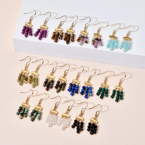 Vintage Bohemian Alloy Faceted Stone Bead Drop Hook Earrings For Women Beach Vacation Tiered Fringe Tassel Earrings Jewelry