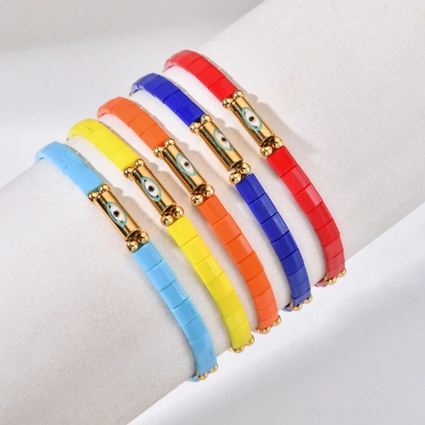 Bohemian Handmade Tila Bead Bracelet For Women Colorful Square Bead Elastic Bracelet With Gold Evil Eye Charm Ethnic Jewelry Gift