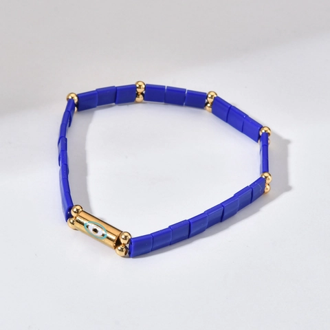 Bohemian Handmade Tila Bead Bracelet For Women Colorful Square Bead Elastic Bracelet With Gold Evil Eye Charm Ethnic Jewelry Gift