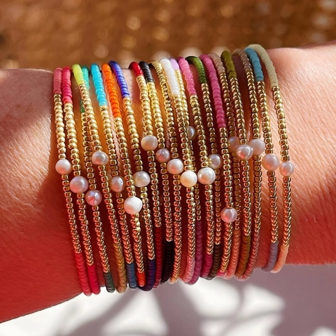 Pulsera Elástica de Cuentas de Arcilla Polimérica Colorida Bohemia Con Perla Artificial y Cuentas de Aleación Dorada Joyería Mujer