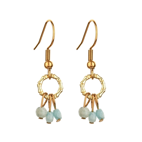 Vintage Bohemian Stainless Steel Dangle Earrings With Natural Stone Beads Bamboo Texture Circle Handmade Hook Jewelry For Women