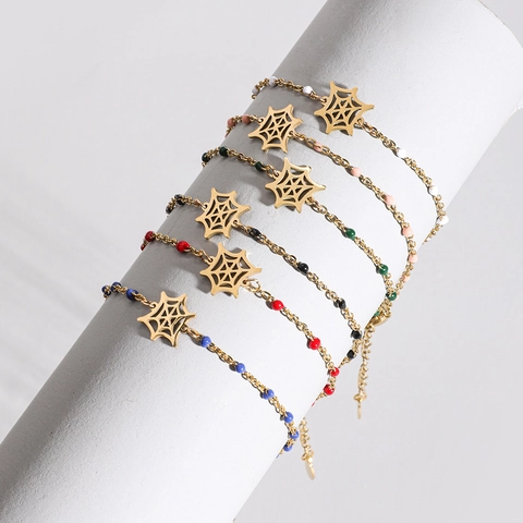 Halloween Edelstahl Armband Vergoldet Perlen Spinnennetz Fledermaus Gespenst Knochen Haus Anhänger Gothic Schmuck Für Damen Party Geschenk