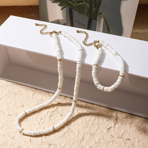 Handmade Shell Beaded Necklace Bracelet Set Vintage Bohemian Heishi Disc Bead Jewelry With Alloy Extension Chain Women