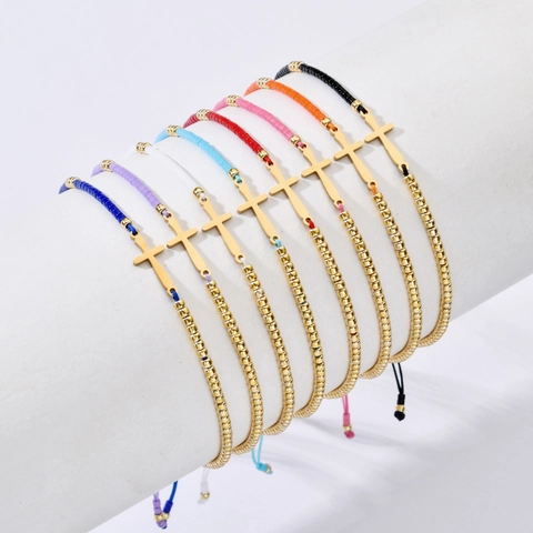 Handgemaakte Gevlochten Vriendschapsarmband Roestvrij Staal Kruis Bedeltje Verstelbare Glaskraal Minimalistische Vrouwen Sieraden