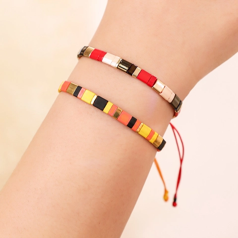 Bohemian Handmade Woven Tila Bead Bracelet Adjustable Ethnic Style Square Glass Bead Bracelet For Women Jewelry Gift