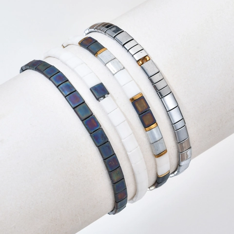 Bohemian Tila Bead Bracelet Geometric Square Glass Beads Elastic Stretch Bracelet For Men Women Retro Stackable Jewelry