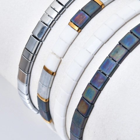 Bohemian Tila Bead Bracelet Geometric Square Glass Beads Elastic Stretch Bracelet For Men Women Retro Stackable Jewelry