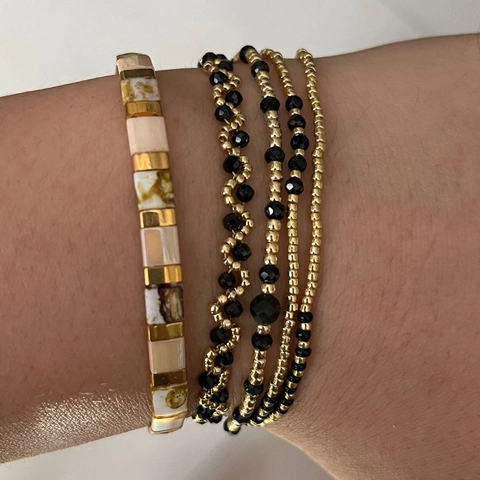 Handmade Black Glass Beaded Bracelet For Women Gold Plated Alloy Tila Beads Stackable Bohemian Vintage Jewelry Finger Accessory