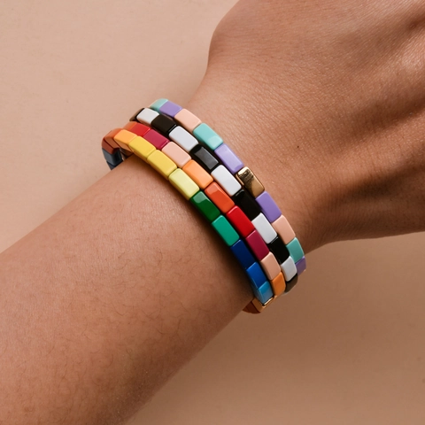 Pulsera Elástica de Aleación Esmaltada de Colores Estilo Cuentas Tila Joyería Bohemia de Bloque Rectangular Geométrico para Mujer Accesorio de Diario