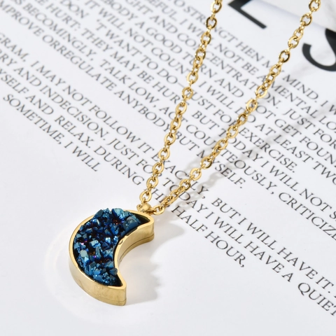 Stainless Steel Minimalist Moon Square Druzy Crystal Pendant Necklace For Women Elegant Natural Stone Fashion Jewelry