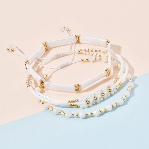 Bohemian White Tila Bead Bracelets For Women Gold Minimalist Synthetic Crystal Multi Layer Adjustable Drawstring Jewelry